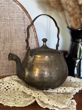 Antique-Style Brass Teapot with Floral Engraving
